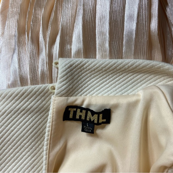 THML Cream Champagne Pleated Maxi/Midi Dress Sleeveless Layered Satin Large L - Picture 12 of 14
